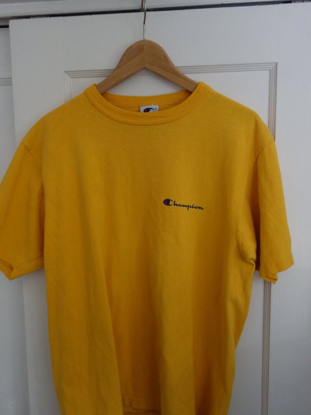 Champion Mustard Yellow Script Logo T-Shirt Size Large